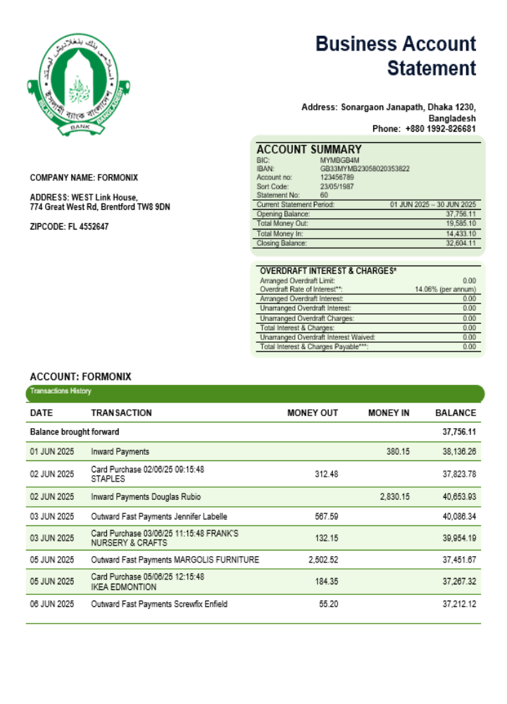 Modèle Word et PDF de relevé d'activité de la banque Islami